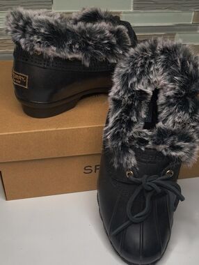 Sperry Black Faux-Fur Ankle Rain Duck Boot